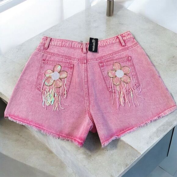 Peach Love California Hot Pink Beaded Fringed High Waisted Denim Bootie Shorts - Picture 1 of 11